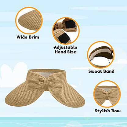 Straw Sun Visor for Women, Wide Brim UPF 50+ Protection Beach Hat, Adjustable, Roll Up Foldable Ponytail Cap with Chin Strap - color: Beige