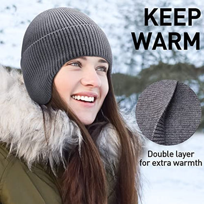 Arcweg Beanie with Earflap for Men Women Winter Warm Thermal Hats Stocking Cap Toboggan Outdoor Hat - color: Grey