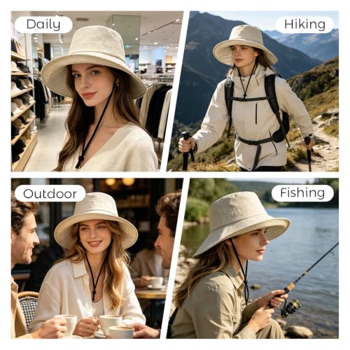 Womens Wide Brim Sun Hat UPF 50+ Foldable Bucket for Beach Travel - color: Beige