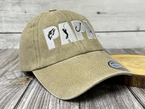 Papa Fishing Hats, Fisherman Gift for Grandpa Grandfather - color: Papa (Fishing - Washed Khaki)