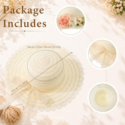 8 Sets DIY Straw Hat Kit for Women, Tea Party Hats with White Lace Edge