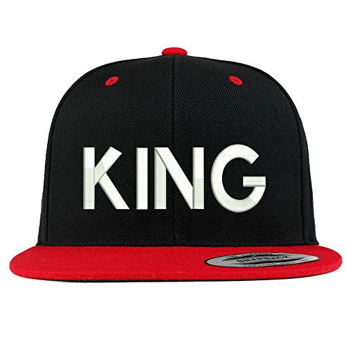 Trendy Apparel Shop King Embroidered Premium 2-Tone Flat Bill Snapback Cap - color: Black Red