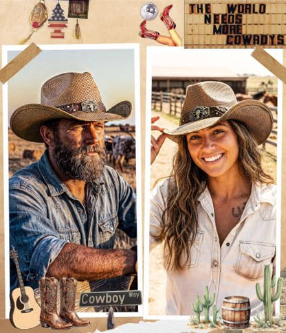 FLUFFY SENSE. Cowboy Hats for Women and Men - Distressed Straw Western Hat with Shapeable Brim for Cowboys and Cowgirls - color: Rustic Brown