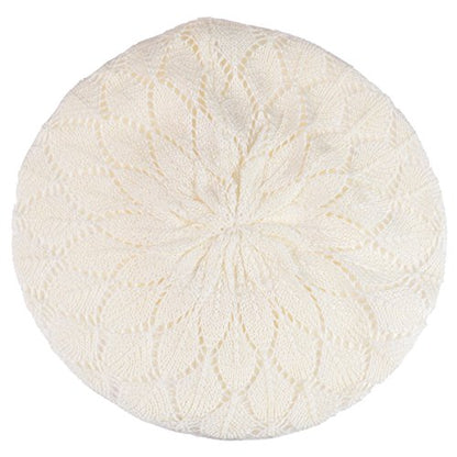 BYOS Chic Parisian Style Soft Lightweight Crochet Cutout Knit Beret Beanie Hat - color: 2-pack Leafy White & Black