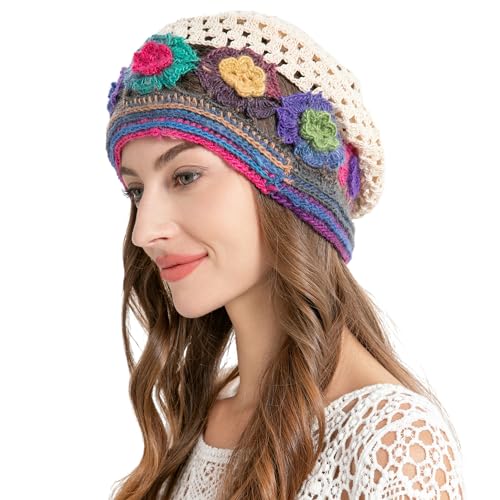 ZLYC Women Cotton Crochet Slouchy Beanie Hat Handmade Knit Summer Skull Cap - color: Colorful Flower Beige