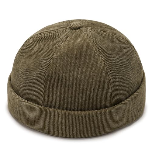 Corduroy Brimless Hat for Men Women Sailor Docker Cap Cuff Harbour Beanie Hat - color: Army Green
