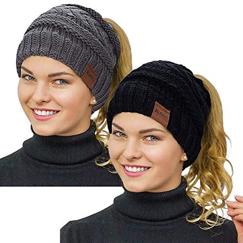 Rosoz 2 Pack Ponytail Beanie for Women,Winter Warm Beanie Tail Soft Stretch Cable Knit Messy High Bun Hat - color: Black/Grey