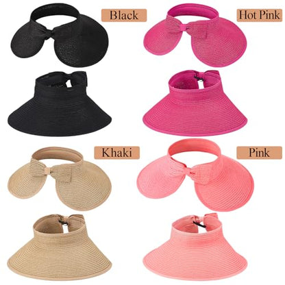 Foldable Straw Sun Visor Hats for Women Wide Brim Beach - color: Hot Pink, Khaki, Black, Pink