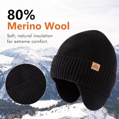 TOP-EX DryKnit™ 80% Merino Wool Waterproof Ear Flap Beanie M/L/XL - color: 95562_black+gift Box, size: Medium-Large
