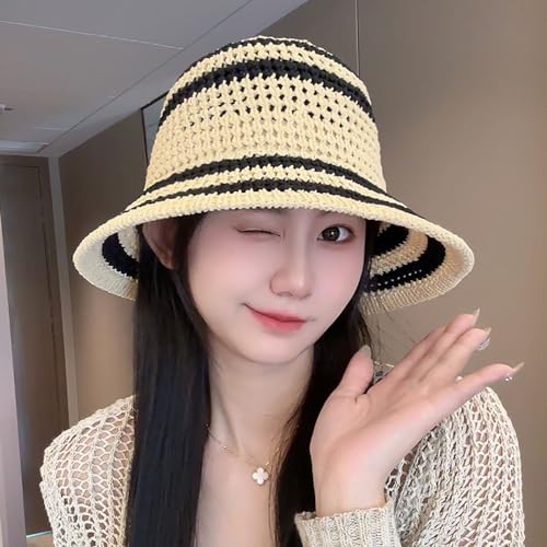 Gogobear Summer Straw Sun Hat for Women Outdoor Striped Beach Bucket Hat - color: Beige
