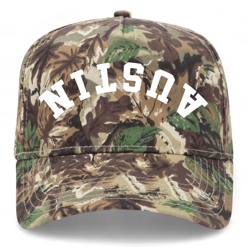 Austin Upside Down Vintage Trucker Hat | Texas | Premium Snapback Baseball Hat for Men & Women - color: Camo