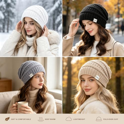 FEQO 4 Pack Satin Lined Beanies Slouchy Beanie Oversized Cable Knit Caps - color: Black, White, Light Grey, Oatmeal