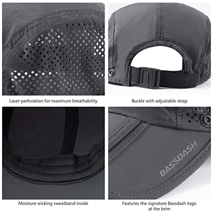 BASSDASH UPF 50+ Fishing Hat, Baseball Cap with Removable Neck Flap - color: Dark Grey With Foldable Brim