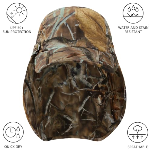 BASSDASH UPF 50+ Fishing Hat, Baseball Cap with Removable Neck Flap - color: Autumn Forest With Foldable Brim