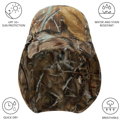 BASSDASH UPF 50+ Fishing Hat, Baseball Cap with Removable Neck Flap - color: Autumn Forest With Foldable Brim