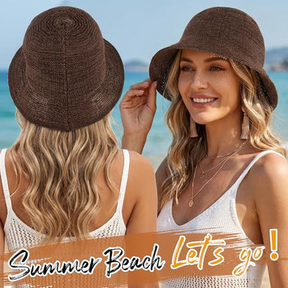 Babalet Summer Straw Beach Sun Hats for Women Packable Floppy Bucket Hat - color: Coffee