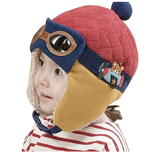 Toddlers Baby Girls and Boys Crochet Earflap Pilot Hats Beanie Cap Winter Warm Knit Caps Ear Protection Cap - color: Hat1-red