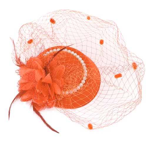 Fascinator Pillbox Hat for Women, Feather Flower Pearls Hair Headwear Veil - color: Orange