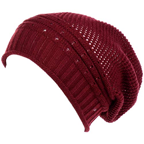 BYOS Women's Airy Cool Lightweight Cutout Long Slouchy Crochet Knit Beanie Hat - color: Net-burgundy
