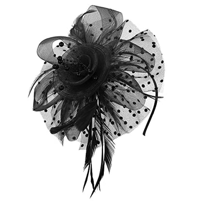 Century Star 2026 Kentucky Hat Derby Fascinator for Women Tea Party Flower Mesh Ribbons Feathers Headband Hair Clips - color: Black
