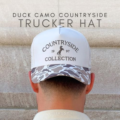 CITRUSY Athletic Trucker Golf Hat | Performance Mens 5 Panel Cap | Cool Breathable Waterproof Workout Running Snapback - color: Countryside Collection | Duck Camo