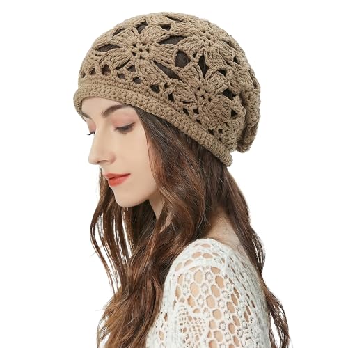 ZLYC Women Cotton Crochet Slouchy Beanie Hat Handmade Knit Summer Skull Cap - color: Crochet Khaki