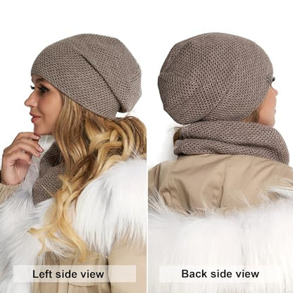 Hat and Scarf Set for Women – Knit Winter Beanie Fleece Lined Neck Warmer – Wool Double Layer Cap - color: Brown