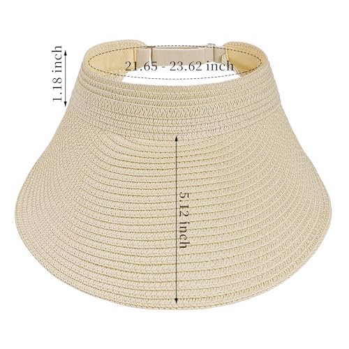 Straw Sun Visors Womens, Ponytail Beach Straw Visor, Packable Summer Sun Hats for Women Travel - color: Beige