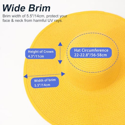 DRESHOW Big Straw Sun Hats for Women Floppy Foldable Roll up Beach Cap Sun Hat UPF 50+ Vacation Honeymoon Embroidered Hat - color: Medium Size: Yellow / Brim 5.5" (Head Circumference 22-22.8")