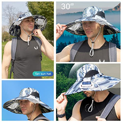 Mens Sun Hat with 2 Fan, Summer Cooling Wide Brim Bucket Hat, Beach Hat Garden Hat, Solar + USB Dual Power Supply - color: Brown