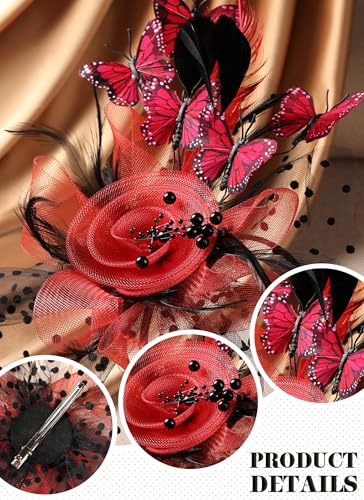 Zinniday Butterfly Derby Hat 2025 - Classic Tea Party Hats with Hair Clip, 1920s 50s Fascinators for Lady Woman - color: Black Red