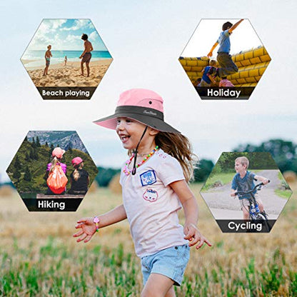 IYEBRAO Kids UV Sun Hat with Ponytail Hole UPF 50 Bucket Cap for Girls Summer Beach ＆ Fishing - color: Light Pink