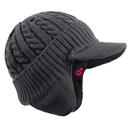 Women's Winter Cable Knitted Visor Beanie Fleece Lining Ear Flap Baseball Cap Hunting Trapper Hat with Billed - color: Dark Grey