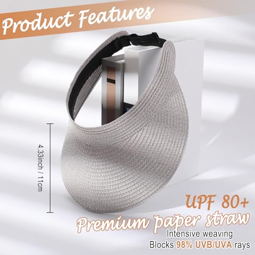 Chicingyou Sun Visor Hat for Women Wide Brim Straw Visors Beach Hat Ponytail UV UPF Packable Foldable Travel - color: Grey