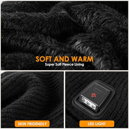 Winter Balaclava Knitted Ski Mask with LED Light - Fleece Lined Full Face Cover Windproof Snow Mask for Skiing, Motorcycling - color: Beige