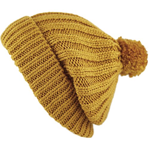 Women and Men Beanie Daily Winter Oversized Thick Stretchy Knitted Pom Pom Beanie Fleece Lined Beanie Hat - color: 2. Straight Mustard