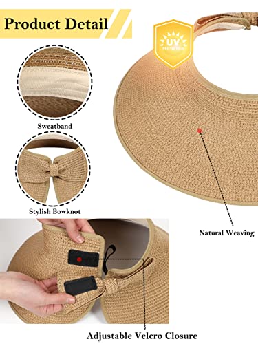 sy soul young Women's Straw Hat with Ponytail Hole Wide Brim Visor Sunhat - color: Khaki