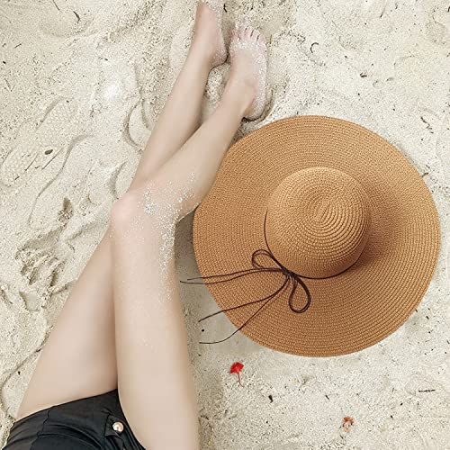 Floppy Big Beach Straw Hats for Women Foldable Summer Wide Brim Packable Sun Hat Womens Travel Straw Fedora Hat - color: Khaki-1