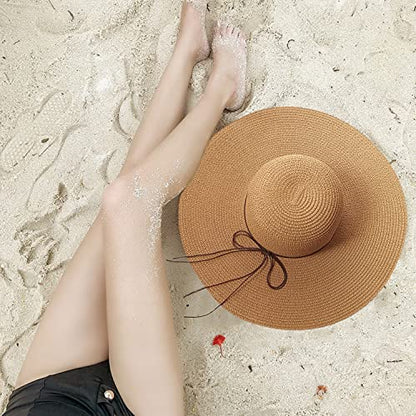 Floppy Big Beach Straw Hats for Women Foldable Summer Wide Brim Packable Sun Hat Womens Travel Straw Fedora Hat - color: Khaki-1