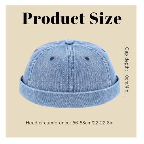 Brimless Caps for Men, Vintage Denim Hat, Rolled Cuff Docker Brimless Hat Sailor Beanie for Hip Hop Dancing Watch Cap