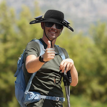 Fishing Hats with Sunglasses, Wide Brim Sun Hat with 2 Solar Fan, USB & Solar Powered Fishing Hats, Solar Fan Hats UPF 50+ - color: Black