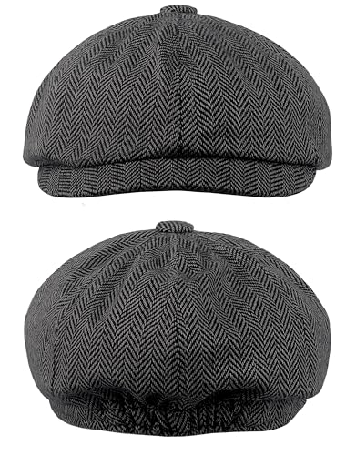 Adult 1920s Newsboy Cap for Men British Gangster Style Costume Baker Wool 8-piece Cap Halloween - color: Grey Herringbone, size: L (23.6")