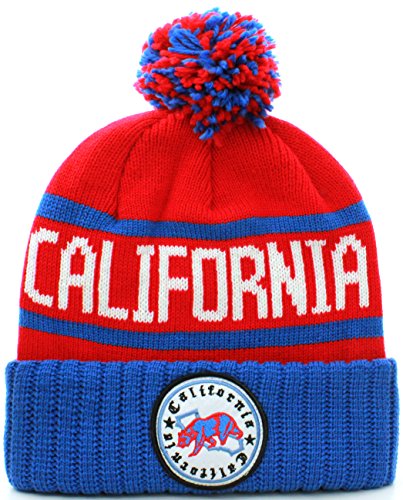 American Cities California Republic Cuff Beanie Cable Knit Pom Pom Hat Cap Red Blue