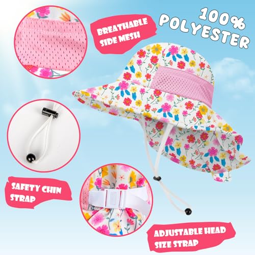 Toddler Baby Sun Hat Kids Summer Beach Essentials Adjustable Beach Hats with Bucket Wide Brim for Boys Girls Age 0-14 Years - color: 2 Pack - Light Pink+flower, size: 2-7 Years