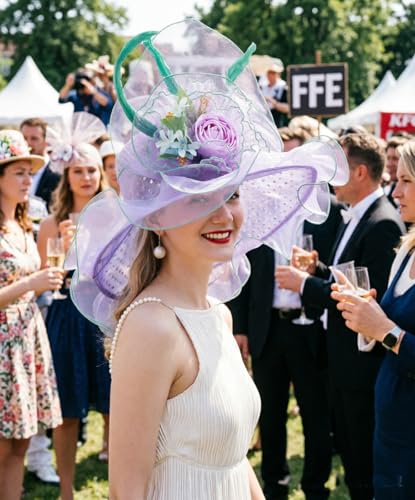 ORIDOOR Women Organza Fascinator Church Derby Hat Floral Tea Party Wedding Hat - color: 001-purple
