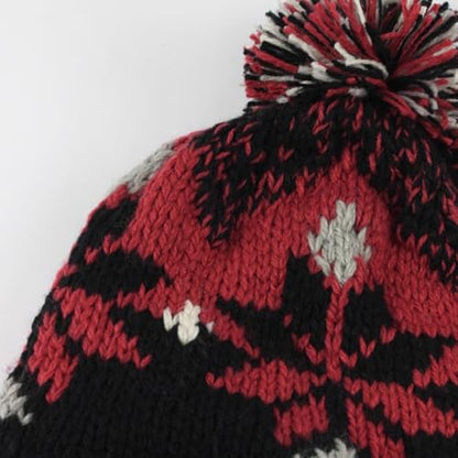 Women Cute Beanie Hat with Pom Warm Ski Snow Ear Flaps Snowflake Fair Isle Pattern Crochet Hats with Fleece Lined - color: Black