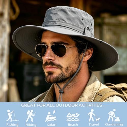 Sun Fishing Hat for Men UPF 50+ Wide Brim Boonie Hats for Summer - color: Light Gray