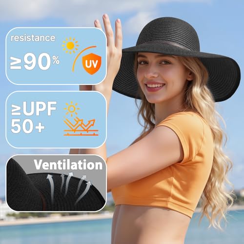 Sun Hats for Women, UPF 50+ Sun Protection, Beach Hat with Wide Brim - color: Black