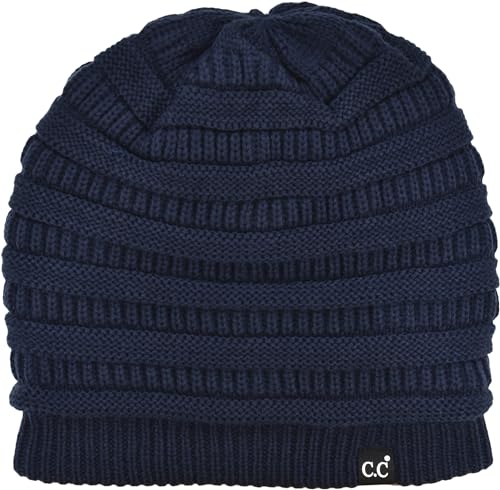 C.C Beanie Oversized Hat with Fuzzy Lining – Thick Knit Thermal Beanie for Cold Weather, Soft Warm Fleece Lined Cap - color: Navy Blue