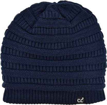 C.C Beanie Oversized Hat with Fuzzy Lining – Thick Knit Thermal Beanie for Cold Weather, Soft Warm Fleece Lined Cap - color: Navy Blue